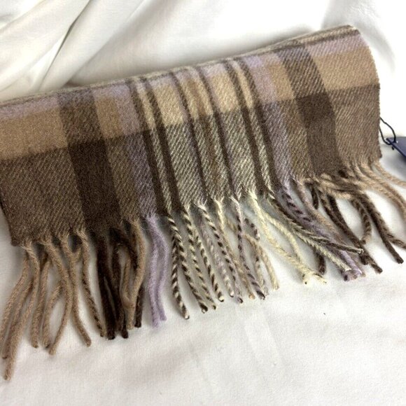 Ballantrae Edinburgh Accessories - Ballantrae Edinburgh Scarf Lambs Wool Purple Tan Brown Plaid with Fringe